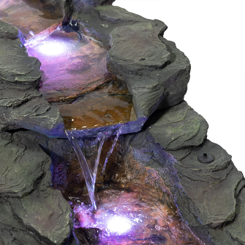 Tiered Rocky River Stream Water Fountain with LED Lights, 76", Brown, 19" H x 76" W x 22" D