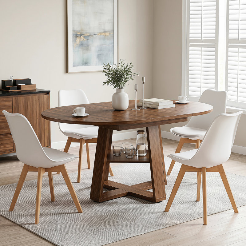 Rohun Round Extendable Modern Kitchen Dining Table Set With 32.8"H Dining Chair, Brown, White