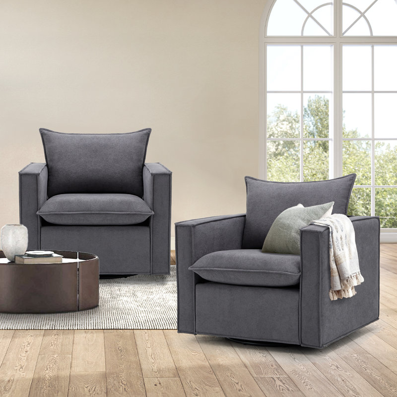 34'' Wide Upholstered Swivel Accent Armchair with Plump Back Pillow, Gray Polyester