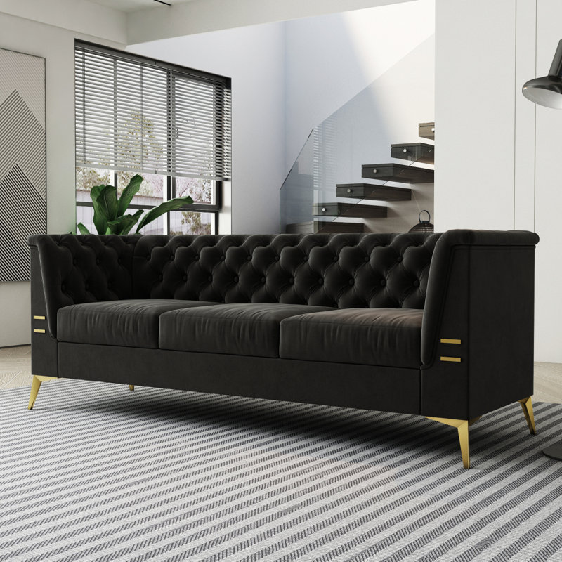 Canapé Chesterfield Tharyn, Velours noir