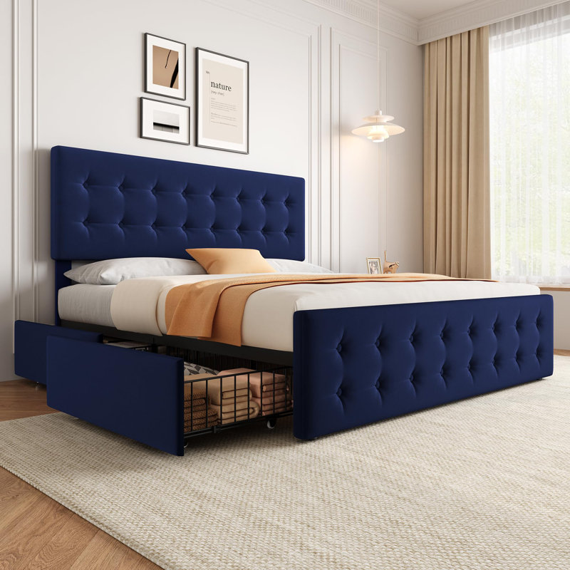 Bed Frame With Headboard And 4 Storage Drawers, Platform Bed Frame Square Stitched Button Tufted, Blue, Queen