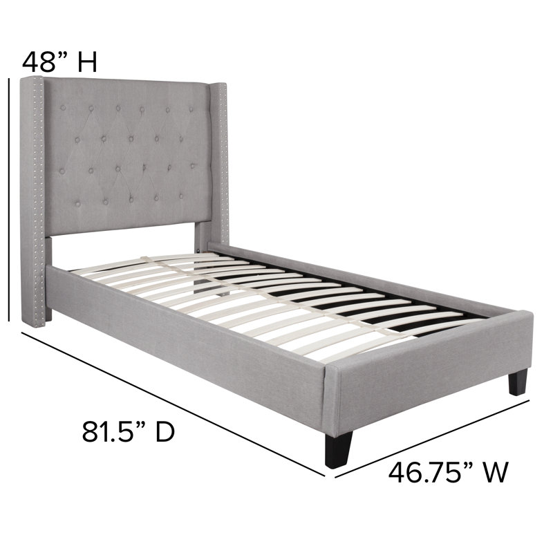 Light Gray Twin Upholstered Platform Bed with Tufted Headboard and Nailhead Trim