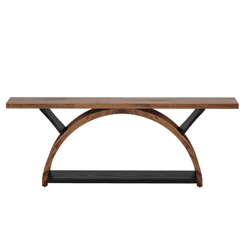 70.87" Console Table With Storage Shelf, Narrow Long Sofa Table Behind Couch Table, 2-Tier Rustic Entryway Table With Half Moon Frame For Hallway Living Room (Brown & Black)