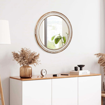 24.21 In. Round Mirror For Bedroom, Entryway. Whitewash Edge Wooden Mirror. Crystal Clear Reflection. Easy Installation Method Wall Office, Bedroom. Style With Edge. Simple Process