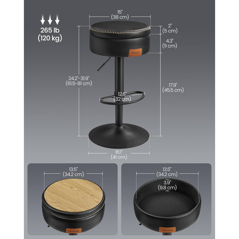 Swivel Upholstered Adjustable Height Counter Stool with Metal Frame, Black