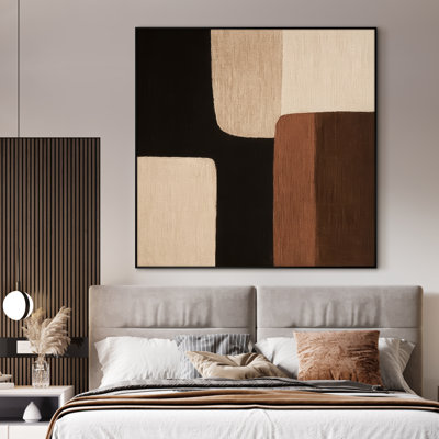 Extra Large Wall Art Fabric Print - Black and Brown Geometric Block Composition Artwork Decor for Living Room or Bedroom - "Frame Assembly Required (Unfinished Frame)"