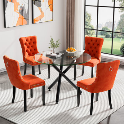 36" Glass Dining Room Table Set for 4, 5-Piece Round Black Dining Table with Metal Legs,  4pcs Velvet Upholstered Chairs with Wood Legs, Glass Kitchen