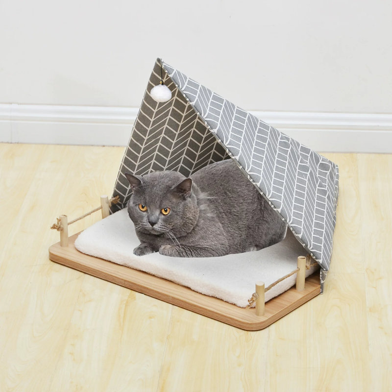 Medium Gray Canvas and Laminate Wood Tent Pet Bed
