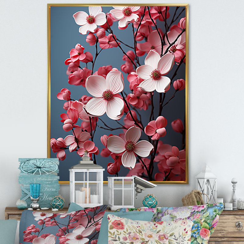 Reproduction d'art sur toile rose Dogwood, Silver Picture Framed, 44" H x 34" W
