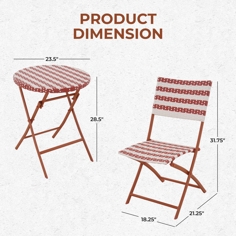 3-piece Steel Frame Wicker Folding Bistro Set, Red
