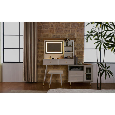Modern Makeup Vanity Desk With Mirror, Lights, And Retractable Table, Compact Set With Drawers, Cabinet, And Power Outlet For Bedroom