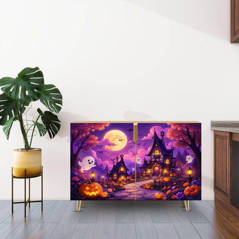 Buffet Buffet avec rangement fantaisiste nuit d'Halloween maisons hantées citrouilles avec 2 portes pour le salon et la cuisine