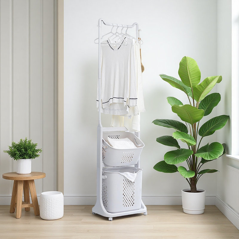 Trieur de paniers à linge à 2 niveaux avec barre de suspension, paniers à linge roulants avec roulettes, chariot de rangement amovible et empilable et rangement pour les petits espaces
