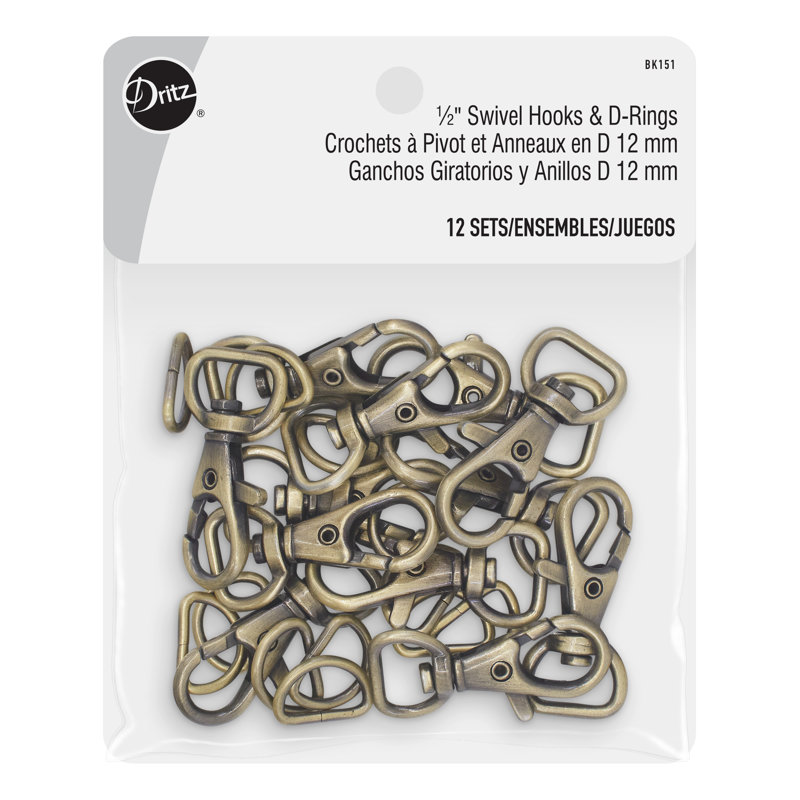 Crochets pivotants et anneaux en D de 1/2 po Dritz, 12 ensembles, laiton antique