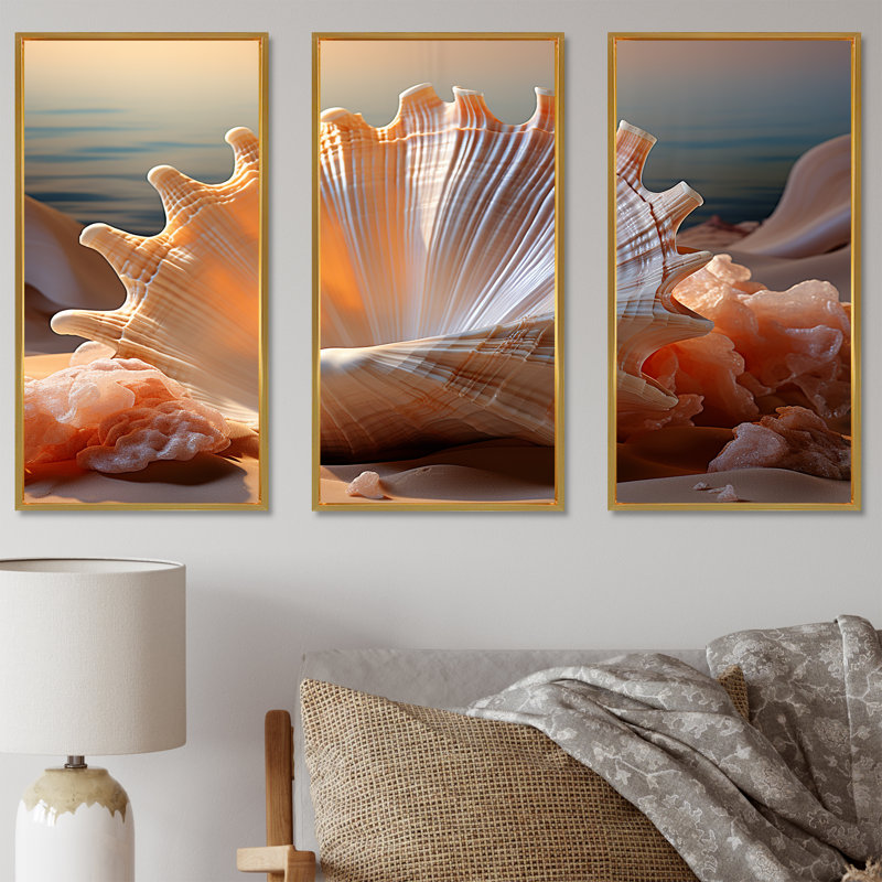 Opulente, coquillages symboliques I - ensemble d'art mural coquillage, Cadre flottant doré, H 40 po x l 60 po x P 1 po