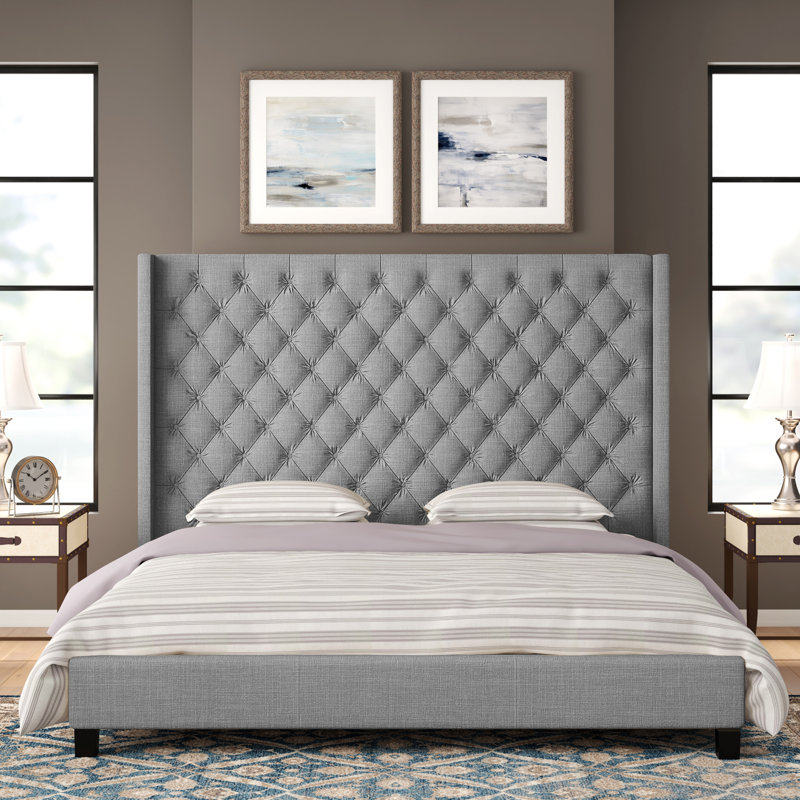 Londono Upholstered Wingback Bed, Pewter Gray Linen, Queen