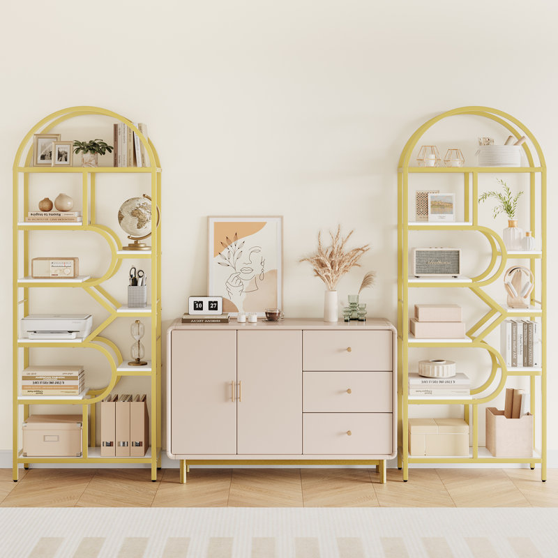 Bookcase, Arched Display Rack with 9-Tier Display Open Shelves, Gold