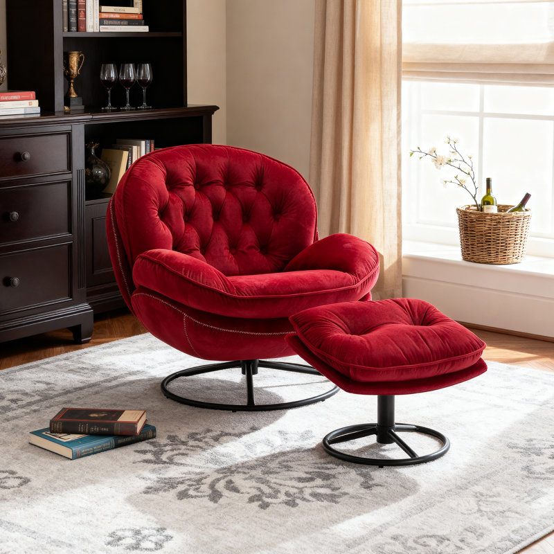 Fauteuil d'appoint avec repose-pieds Anouk, Velours rouge