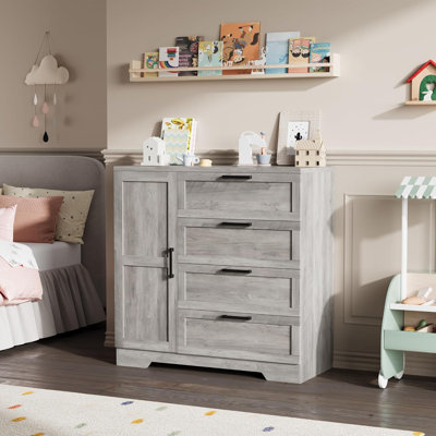 Wood Armoire Wardrobe Closet with 4 Drawers and Door, 43.3" H Bedroom Wardrobe Cabinet with Hanging Rod, Clothing Storage Cabinets, 4 Drawers Dresser with Storage Closet