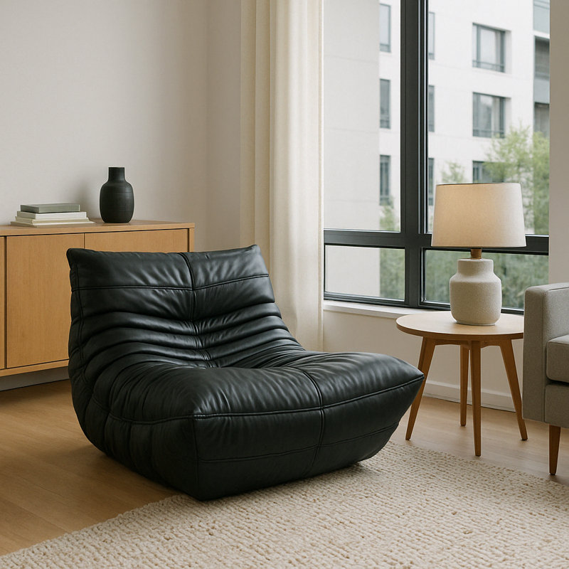 Lasley Bean Bag Chair & Lounger, Foam Togo Chair and Medium Floor Chair, Black Leather