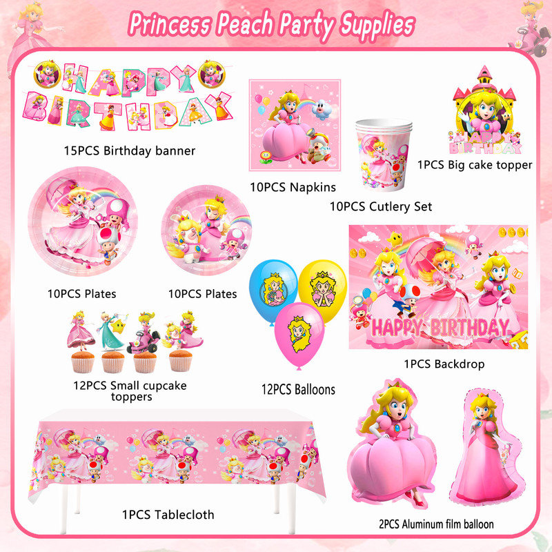 Princess Peach Party Supplies,84pcs Princess Peach Party Decorations