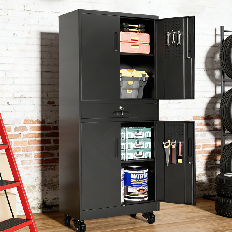 Armoire de rangement en métal avec tiroir, armoire de garage 71 po avec portes verrouillables et 2 tablettes réglables, armoire à outils robuste avec panneau perforé, 8 crochets et roulettes pour le bureau à domicile
