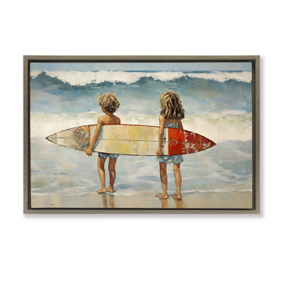 Kids with Surf Waves Grey Framed Floater Canvas by Petal Prints Design