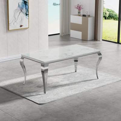 Marble Dining Table for 6-8, Luxury Gold Kitchen Table, Modern 68" Rectangular White Marble Dining Room Table with Stainless Steel Cabriole Legs for K