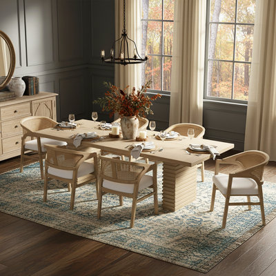 Ellport Mid-Century Modern 7-Piece Dining Set With 95-Inch Double Pedestal Table And Rattan Back Chairs