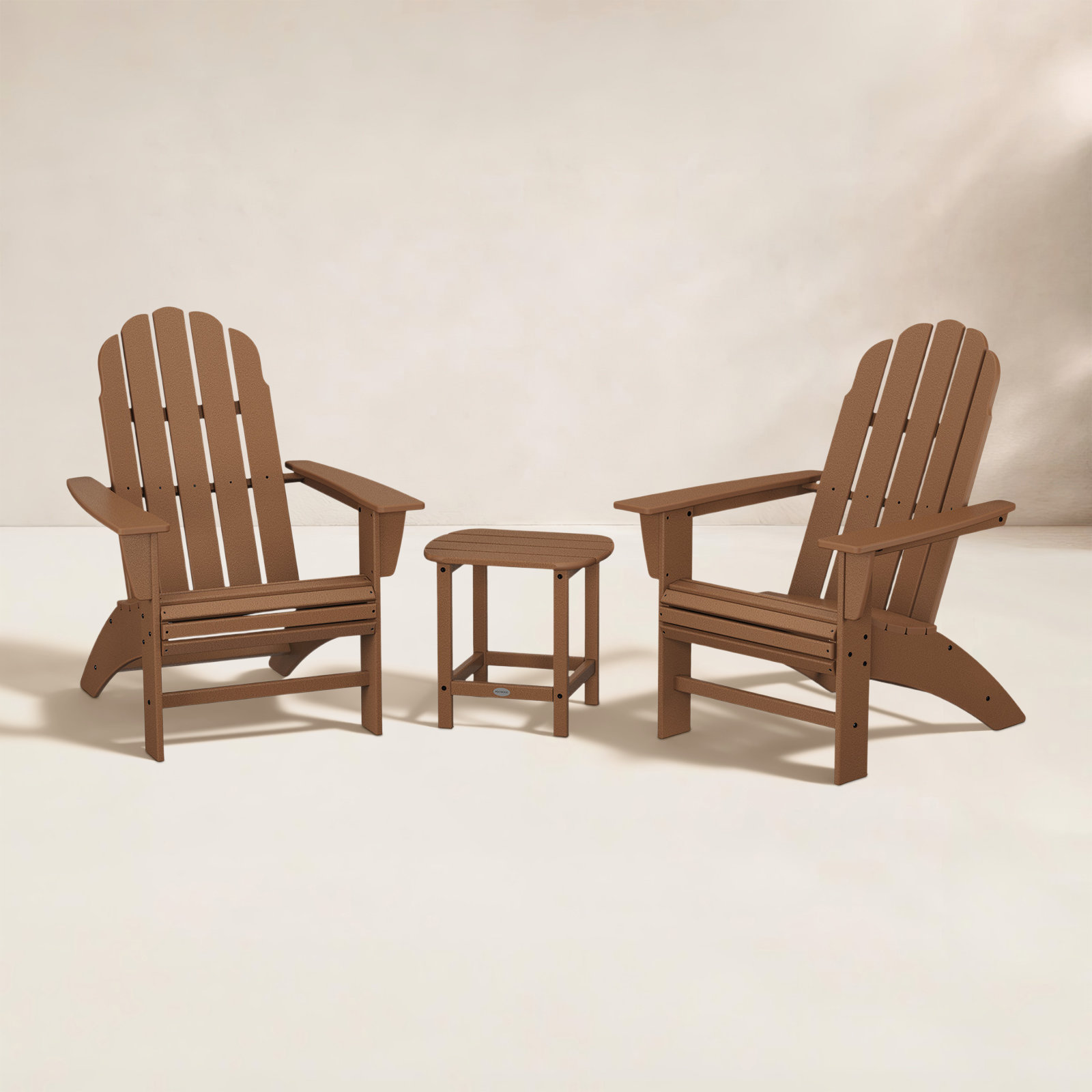 Vineyard 3-Piece Curveback Adirondack Set with South Beach 18" Side Table, Teak