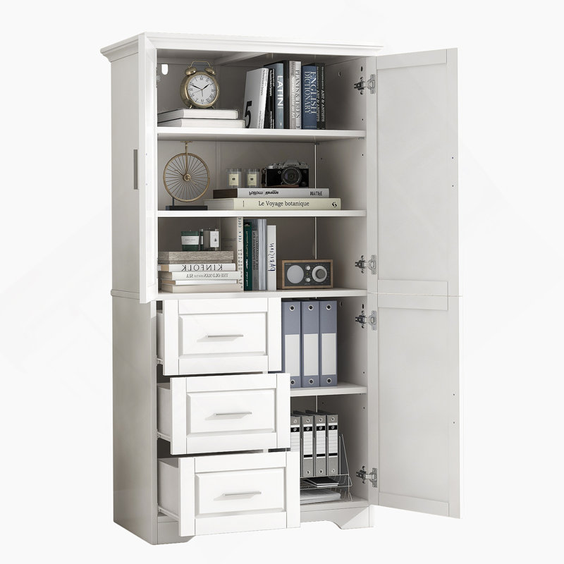Storage Cabinet With Doors And Three Drawers For Bathroom, White
