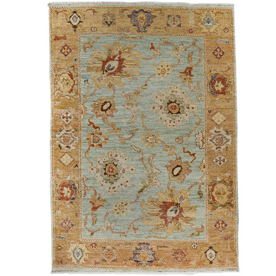 Tapis bleu clair et doré de haute qualité noué à la main Ziegler