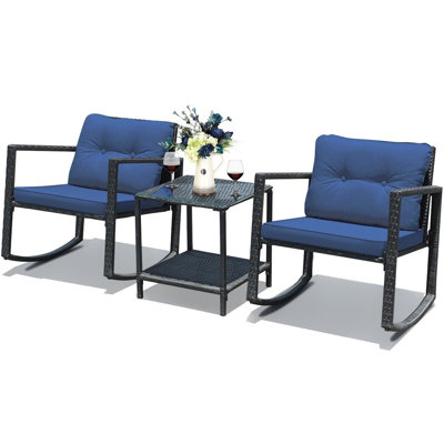 3 Pcs Outdoor Rocking Bistro Set PE Rattan Rocking Chair Set W/Cushion