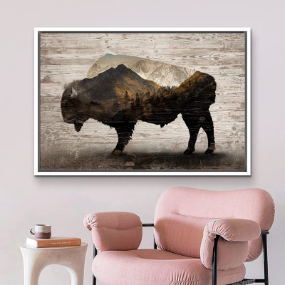 Signe, reproduction d'art sur toile encadrée, double exposition, Buffalo, montagne, forêt, animaux, faune, art numérique, réalisme, décor rustique, détente / calme pour le salon, la chambre à coucher, le bureau