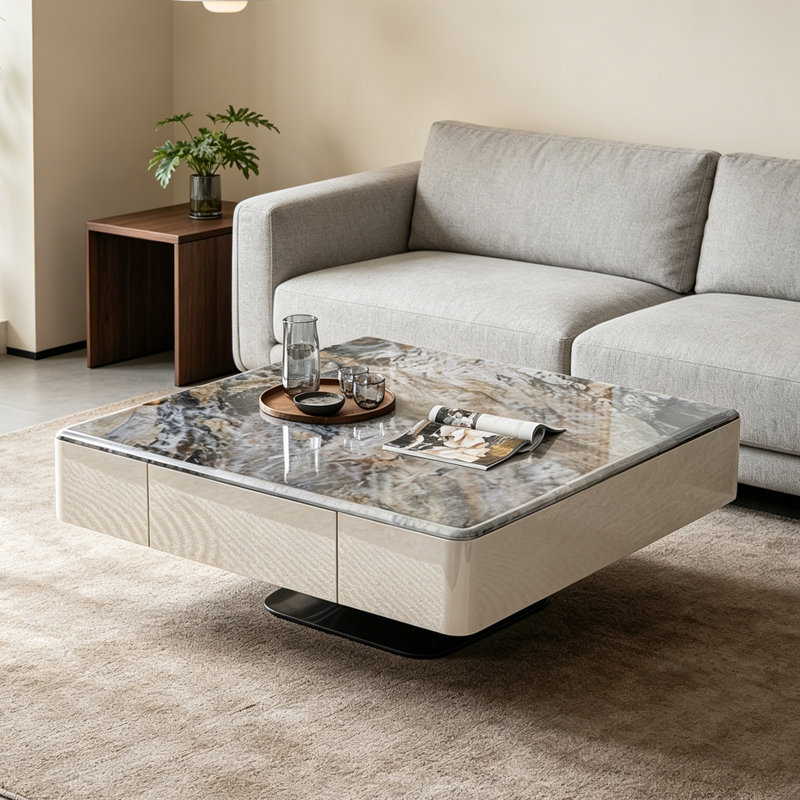 Table basse italienne en pierre carrée micro-cristalline, H 16,5 po x L 31,5 po x l 31,5 po, Gris clair