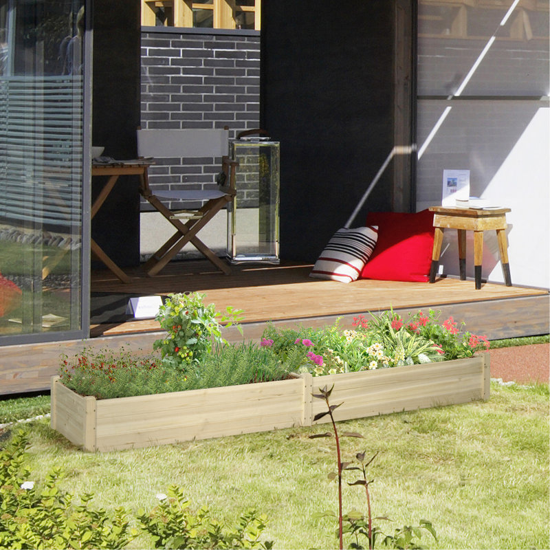 Ensemble de jardin surélevé en bois 8 x 2 pi, jardinière surélevée avec 2 boîtes, fond et doublure auto-drainants, patio pour cultiver des légumes, des herbes et des fleurs, naturel