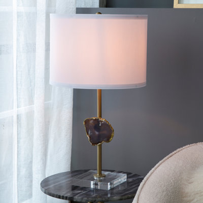 Gold Table Lamp With Agate Slice And White Drum Shade (Bulb Not Included)