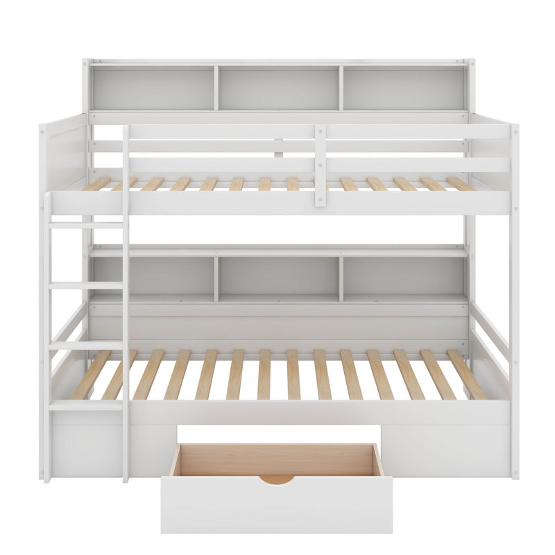 Bunk Bed With Built-In Shelves Beside Both Upper And Down Bed And Storage Drawer, White