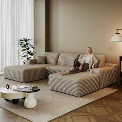 107.5" Boneless Sectional Couch Modern Modular U - Shape Corduroy Upholstered Sofa for Living Room - Deep Seat with Chaise and Ottoman(2 Seater+Left Facing Chaise+Ottoman)