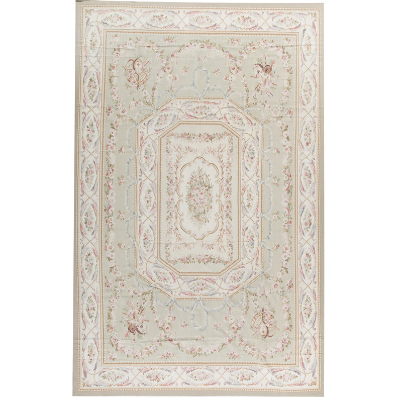 Hand-Knotted High-Quality Green and Ivory Area Rug