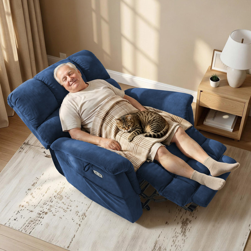 Large-Wide Power Recliner Lift Chair with Massage and Dual Heating, Infinite Position, Fabric, Blue Fabric