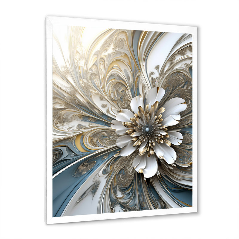 «Blossoming Fractal Flower» en blanc et bleu - reproduction sur toile, H 20 po x l 12 po x P 1 po, Cadre simple blanc