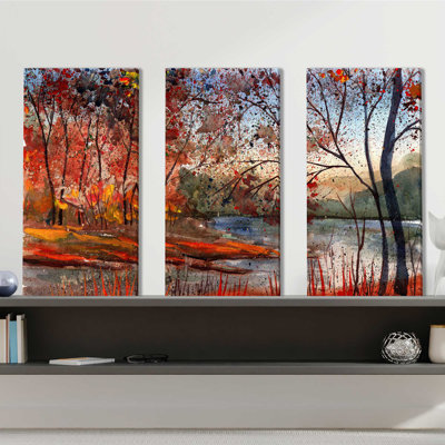 «Autumn Lake», ensemble de 3 reproductions d'art sur toile tendue