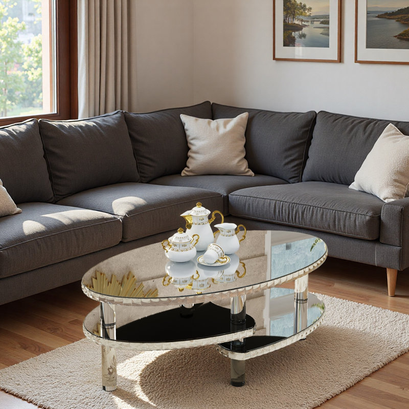Table basse ovale en verre argenté à miroir avec conception à double couche, pieds en acrylique et décor en cristal