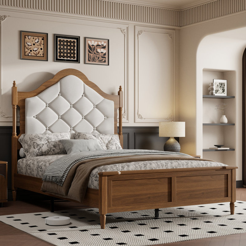 Lit double pleine grandeur avec tête de lit tapissier et pied de lit à panneau - Style Mid-Century rétro en noyer brun