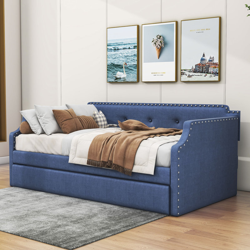 Venancio Twin Size Upholstered Daybed with Twin Size Trundle and Slat Support, Blue