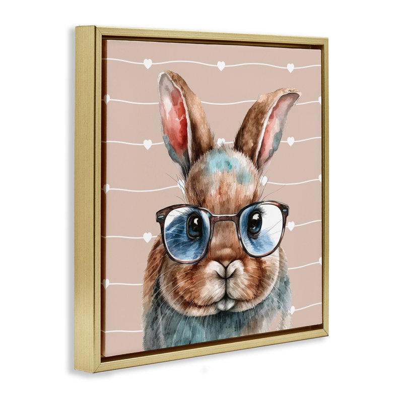 Buster Rabbit avec cadre flottant Specs, design par Yvonne Coleman Burney, H 25 po x l 25 po, Cadre flottant métallique doré