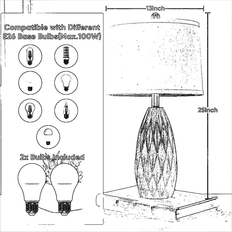 Ensemble de 2 lampes de table modernes avec abat-jour en lin, corps en résine de grain de bois en forme de losange pour le salon, la table de chevet ou le bureau, y compris les ampoules
