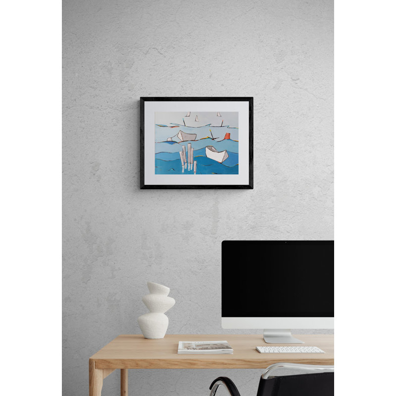 Choppy eaux par Phyllis Adams - Peinture, Papier avec cadre noir, H 16 po x l 20 po