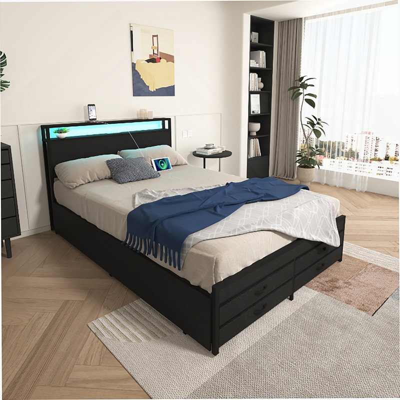 Queen Size Bed Frame With 8 Storage Drawers, LED Headboard With Charging Station, Metal Platform Bed Frame, No Box Spring Needed, Noise-Free, Stable And Solid, BLACK